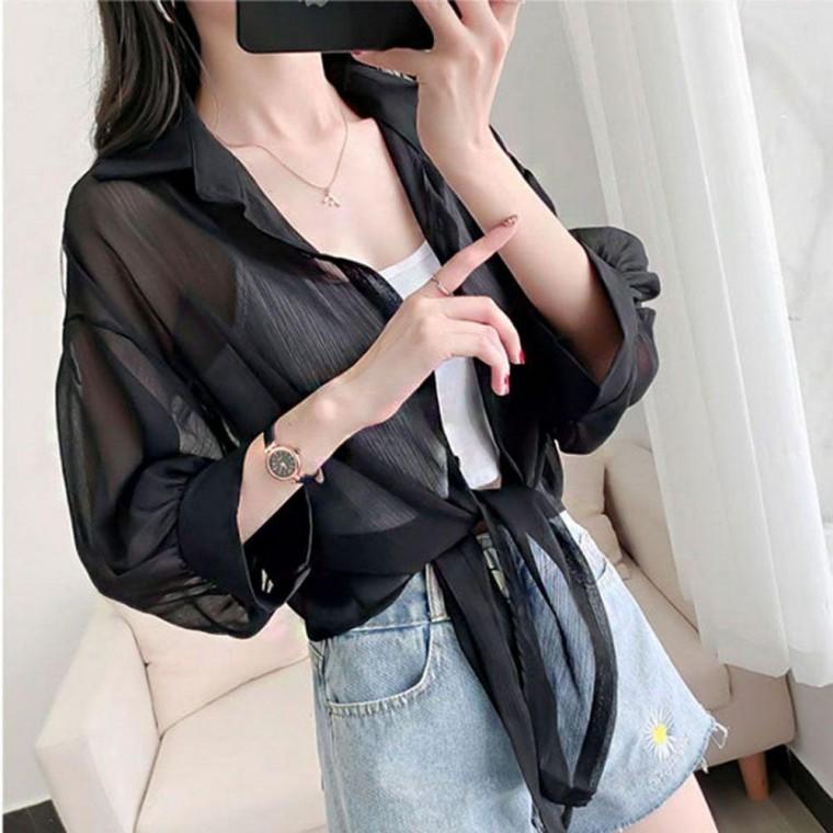 봄 여름 가을 여성 외출 패션 쉬폰 시스루 얇은 셔츠 긴팔 블라우스 데일리 체크 줄무늬