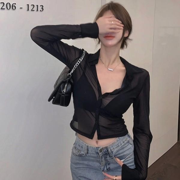 시스루 크롭 셔츠 블라우스 슬림핏 여성 긴팔 섹시룩 남방
