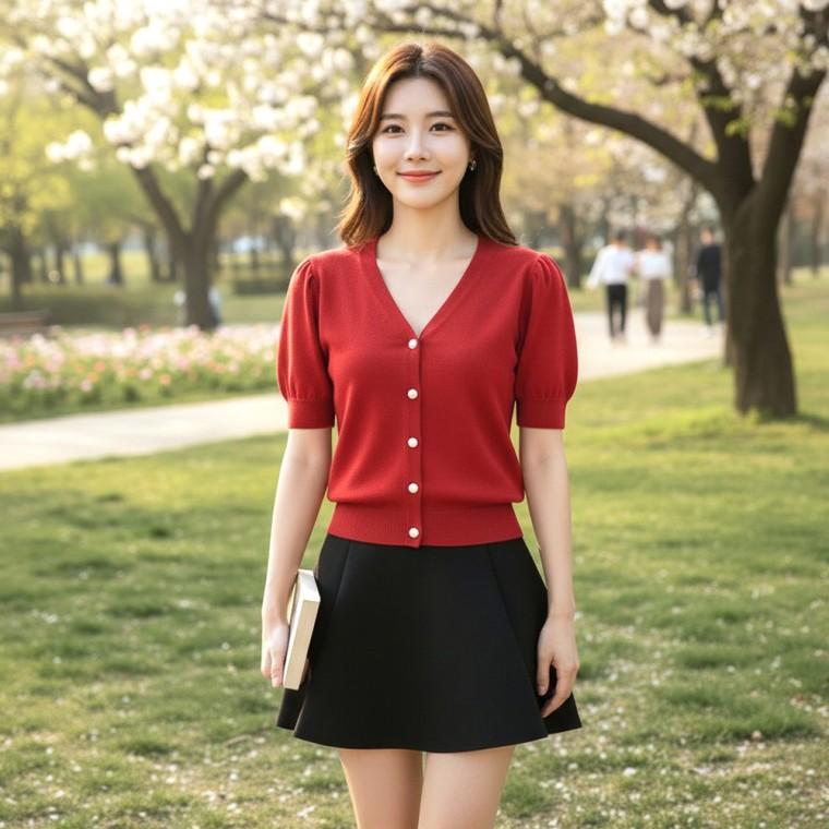 브이넥 퍼프소매 반팔 니트가디건 슬림핏 여성 여름가디건