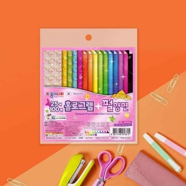 펄양면 색종이 25색 100매 디자인종이 유치원색종이 패턴종이 색종이접기 색종이놀이