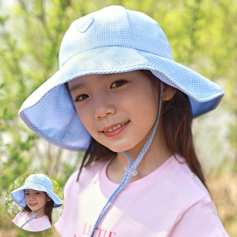키즈모자 자외선차단모자 챙넓은모자 챙넓은벙거지모자 주니어모자 유니콘 체크 벙거지 햇 블루