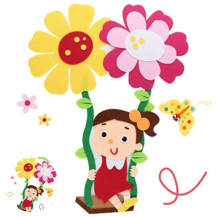 컬러펠트인형 펠트인형 유치원게시판 어린이집인테리어 펠트아트 펠트 꽃그네 탄 아이 여아