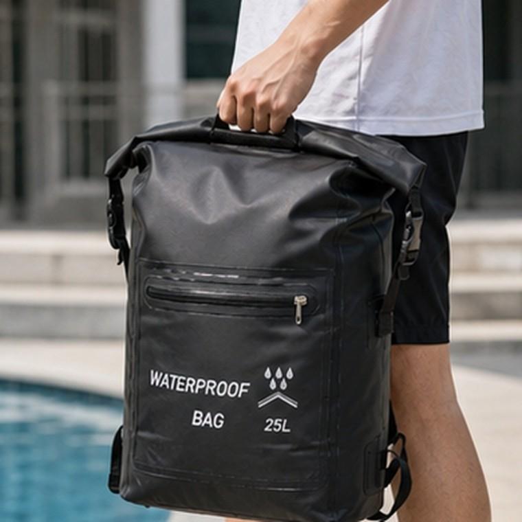 방수 드라이백 백팩 25L PVC 블랙 전면 지퍼 포켓 수영가방 헬스가방
