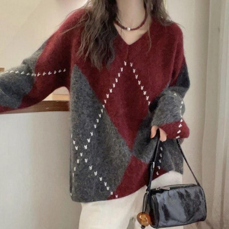 여성 겨울 아가일 루즈핏 브이넥 도톰 니트 티 레드 니트티 여자 티셔츠 스웨터 긴팔