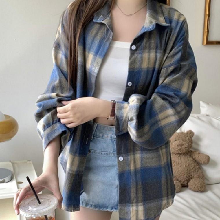 여성 봄 가을 체크 셔츠 긴팔 남방 블루 남방셔츠 여자 봄남방 봄셔츠 출근룩 간절기