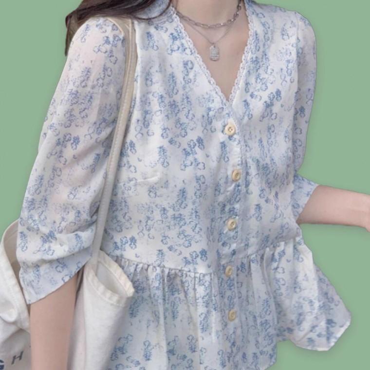 여성 여름 꽃 무늬 플라워 브이넥 예쁜 블라우스 프릴 반팔 하객 오피스룩 출근룩 여름옷