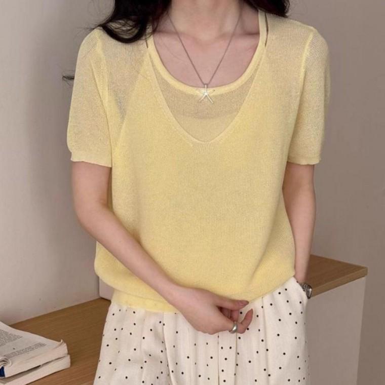 여성 여름 레이어드 반팔 브이넥 니트 티 옐로우 여성반팔 여름반팔 니트티 브이넥반팔