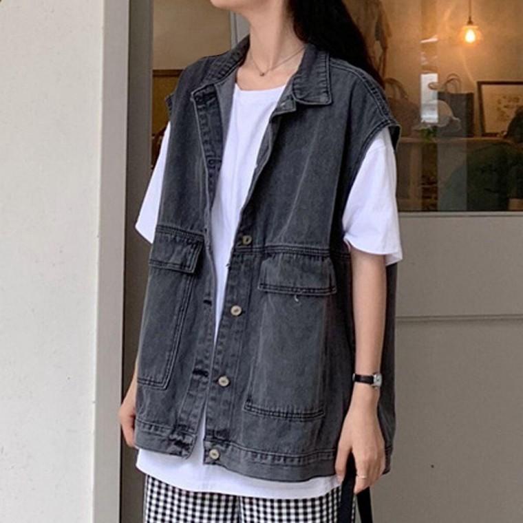 여성 간절기 오버핏 데님 카라 조끼 베스트 블랙 여자 가을 청조끼 예쁜 봄조끼 단추