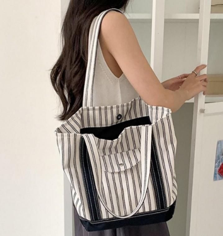 여성 여자 대학생 스트라이프 데일리 숄더백 토트백 큰 천 가방 2color