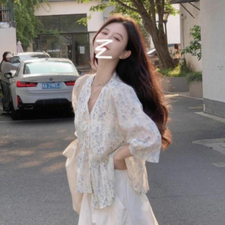 여성 여자 여름 예쁜 꽃무늬 브이넥 셔츠 블라우스