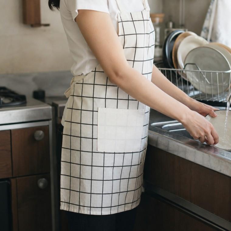 화이트 모던체크 린넨 앞치마 포켓 목끈 허리끈 주방 요리 조리 수납