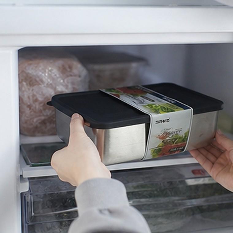 사각 스텐 냉동용기 1320ml 반투명 PE 뚜껑 미끄럼방지 국산