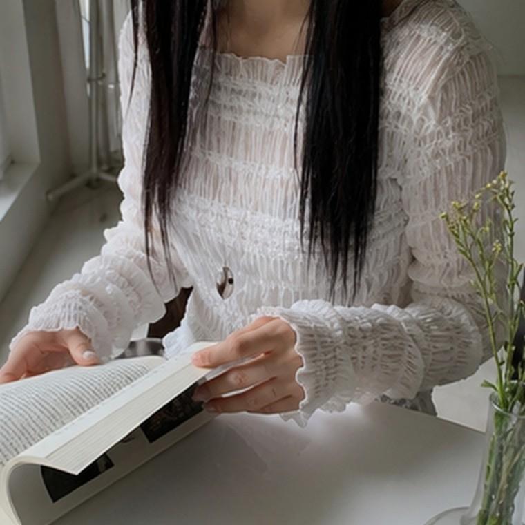 오프숄더 셔링 스모크 시스루 긴소매 블라우스 여성 데일리 자켓 이너