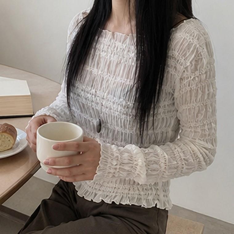 오프숄더 셔링 긴소매 신축성 블라우스 여리한 무드 데일리 데이트룩