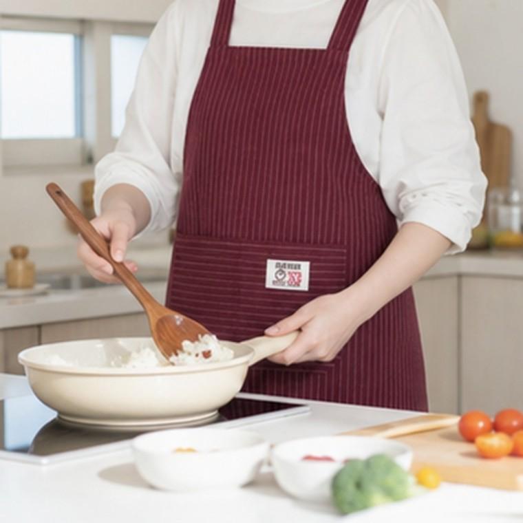 H형 앞치마 면 스트라이프 레드 허리끈 조절 포켓 주방 조리 작업용