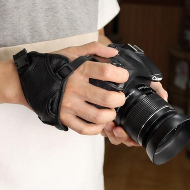 가죽 핸드 스트랩 DSLR 카메라 손 고정 그립 홀더 블랙 장시간 촬영
