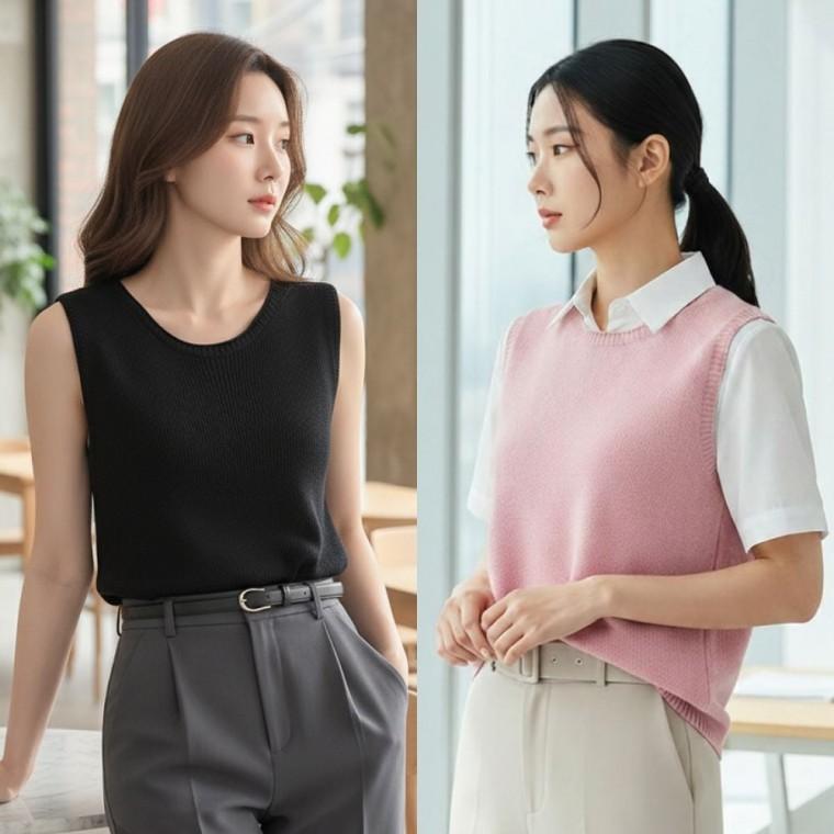 여성 얇은 여름 레이어드 브이넥 니트 조끼 민소매