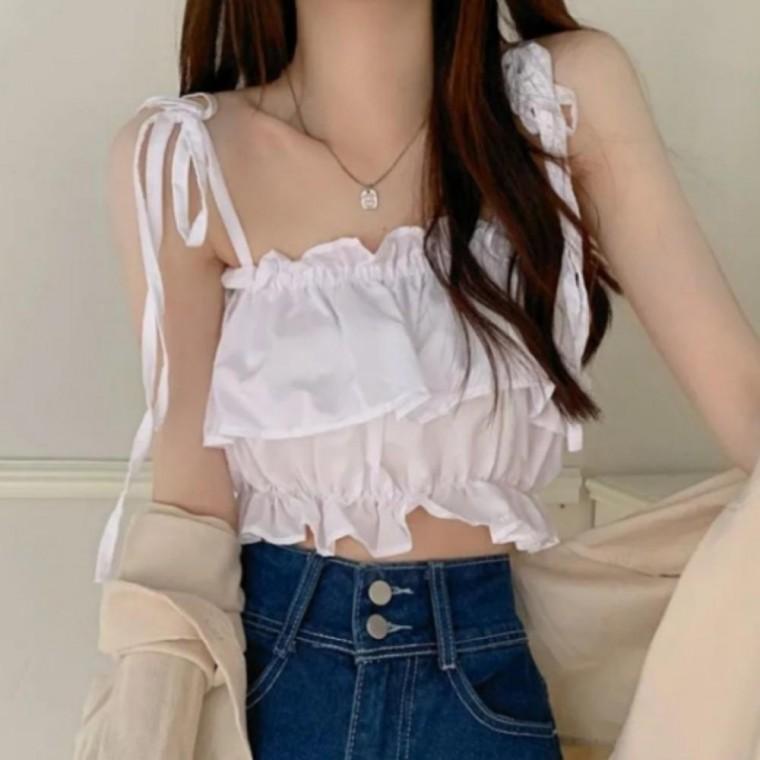 여성 여름 러블리 밴딩 민소매 프릴 리본 크롭 나시