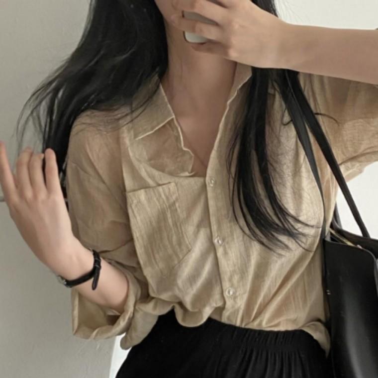 여성 간절기 여름 긴팔 시스루 카라 남방 롤업 셔츠