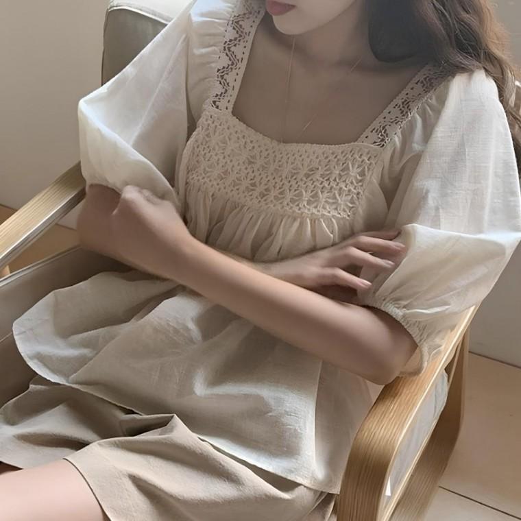 레이스 여름 블라우스 스퀘어 상의 반팔 휴양지룩