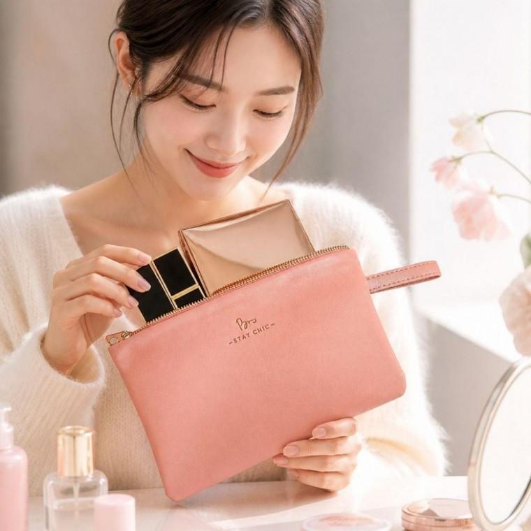 핑크 PU가죽 핸드스트랩 파우치 화장품 가방 미니백 인기 상품