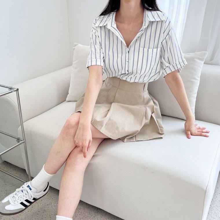 반팔 스트라이프 블라우스 블루 여성 여름 남방
