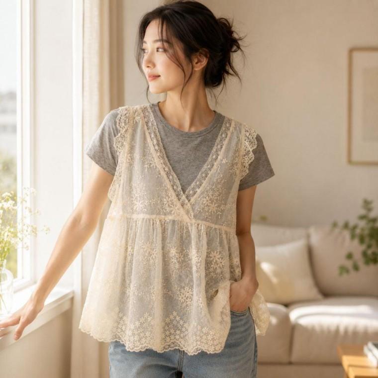 EAS 여성 브이넥 레이스 민소매 조끼 블라우스 SQ-1010088