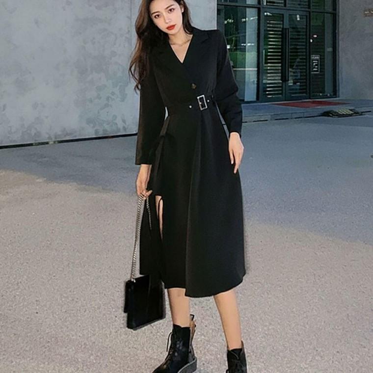 여자 시크 무드 클래식 스타일 벨트 포인트 스릿 긴팔 원피스 하객 카라 레이시 니트