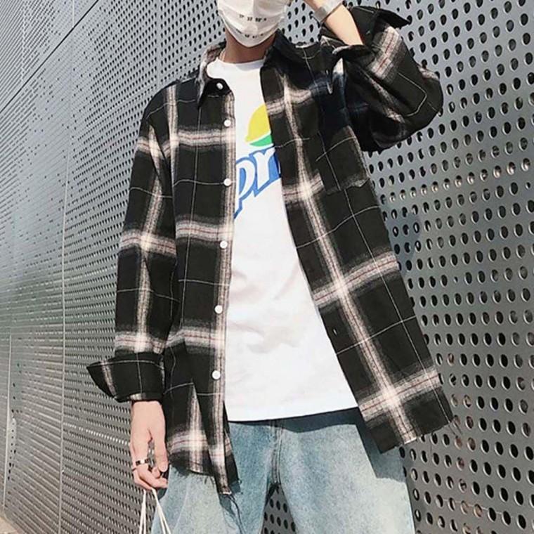 남자 모던 빈티지 스타일 베이직 체크 패턴 데일리 긴팔 셔츠 남자노 카라 여름 남방셔츠