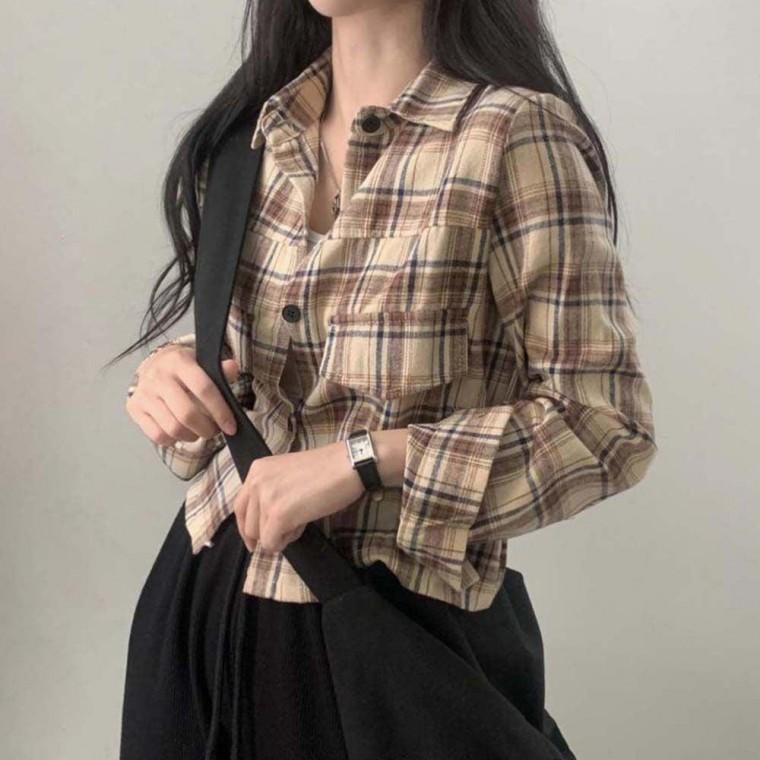 여자 외출 패션 스트릿 짧은 크롭 스타일 체크 패턴 긴팔 셔츠 맨투맨 티셔츠 레이스