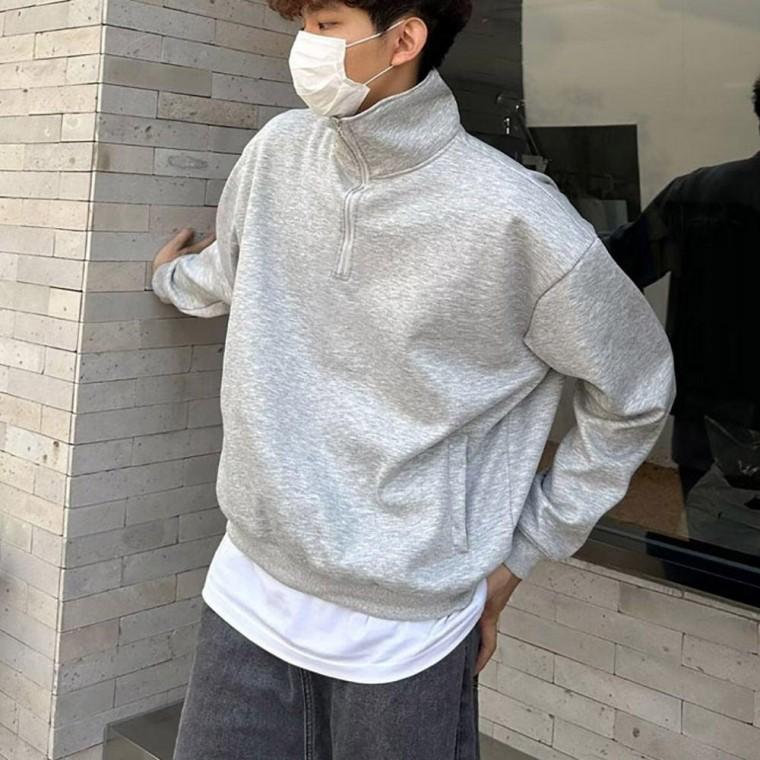 20대 30 남자 외출 하프 반목 깔끔 무지 시보리 집업 긴팔 티셔츠 남성 반집업티