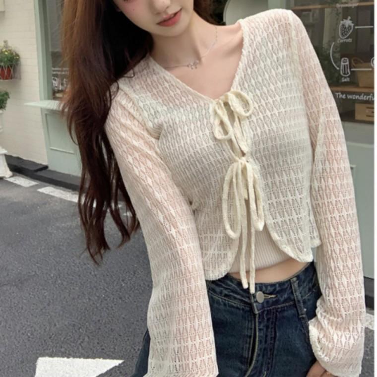 여성 펀칭 시스루 긴팔 가디건 여름 크롭 카디건 얇은 아우터