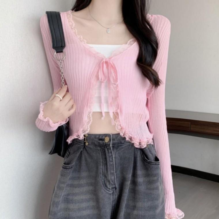 여성 시스루 골지 레이스 크롭 가디건 여름 긴팔 슬림 카디건