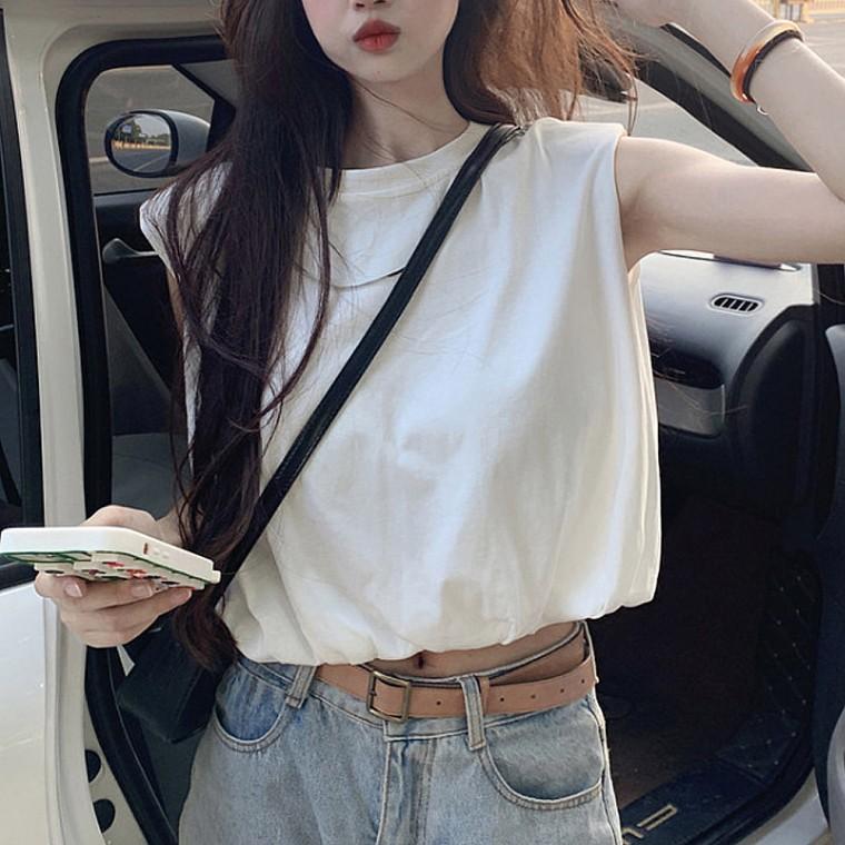 여자 여름 밴딩 크롭 민소매 티셔츠 데일리룩
