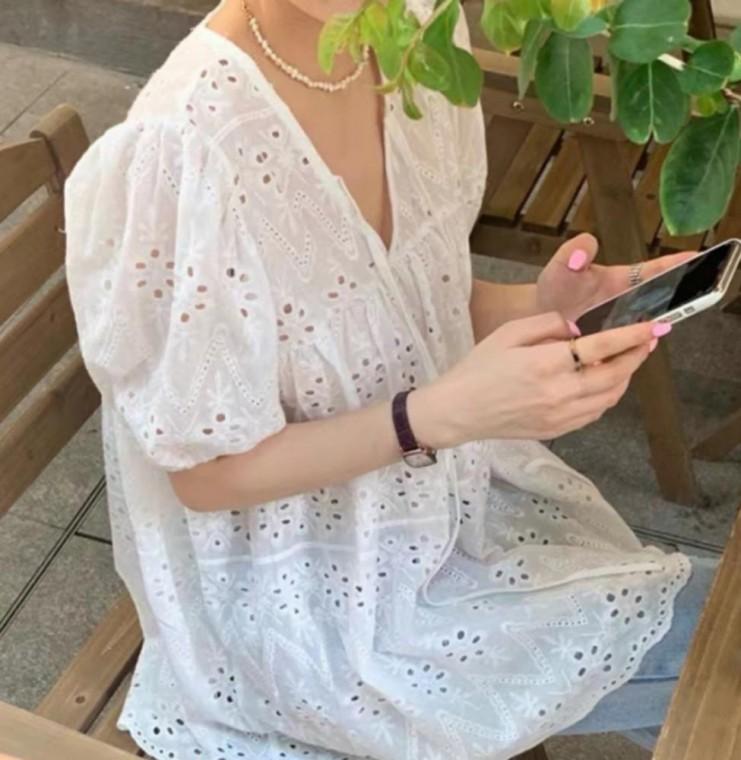 여성 여름 퓨어 아일렛 레이스 펀칭 코튼 롱 블라우스 셔츠 루즈핏