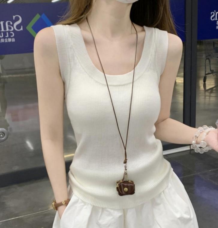 여성 골지 라운드 스퀘어넥 슬림 이너 데일리 여름 캐주얼 나시티셔츠