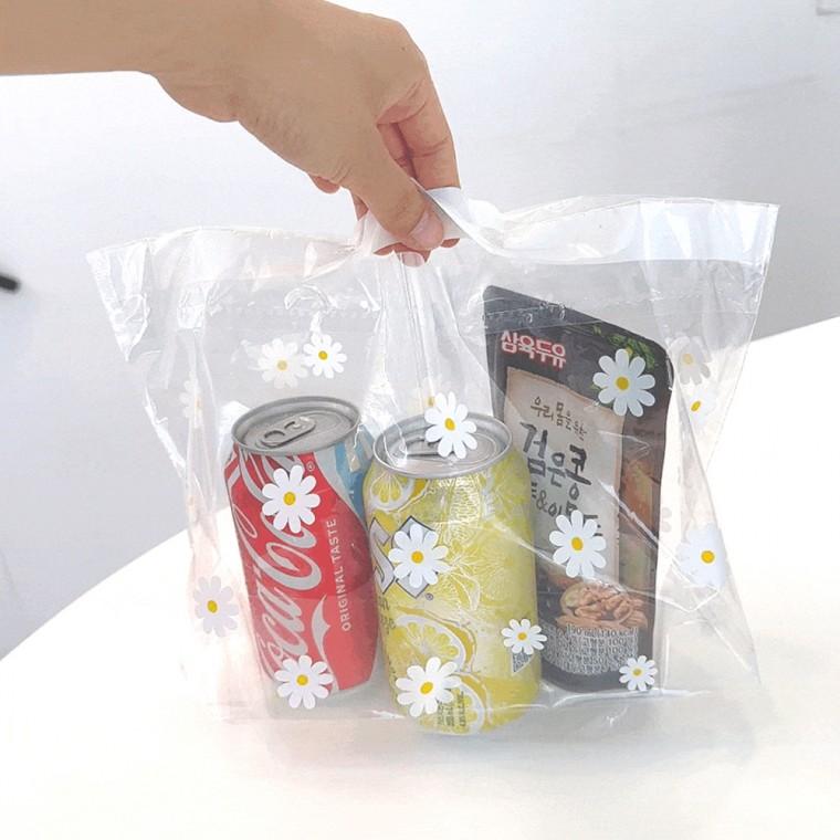[꿀템박사] 데이지 투명 비닐백 50매 음료수 손잡이 선물용 파우치 베이커리 빵 포장봉투