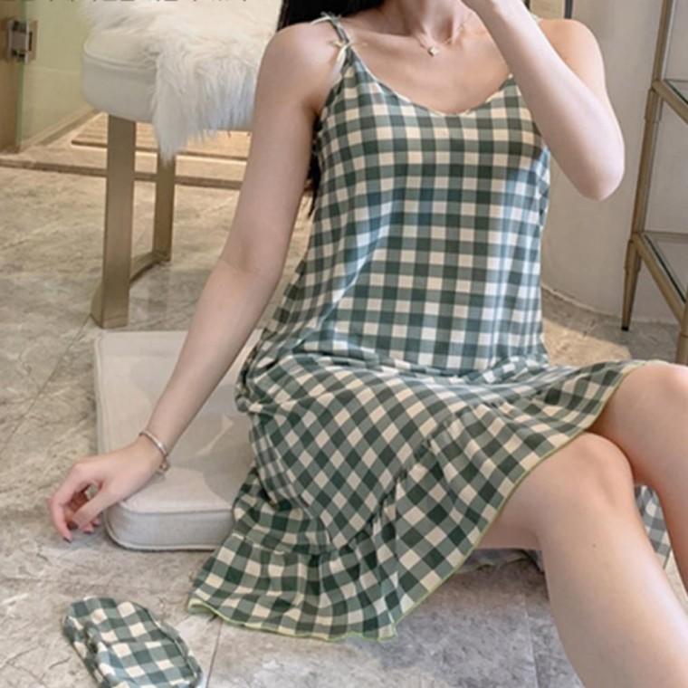 여성 여름 데일리 브라 캡내장 원피스 잠옷 홈웨어 빅체크