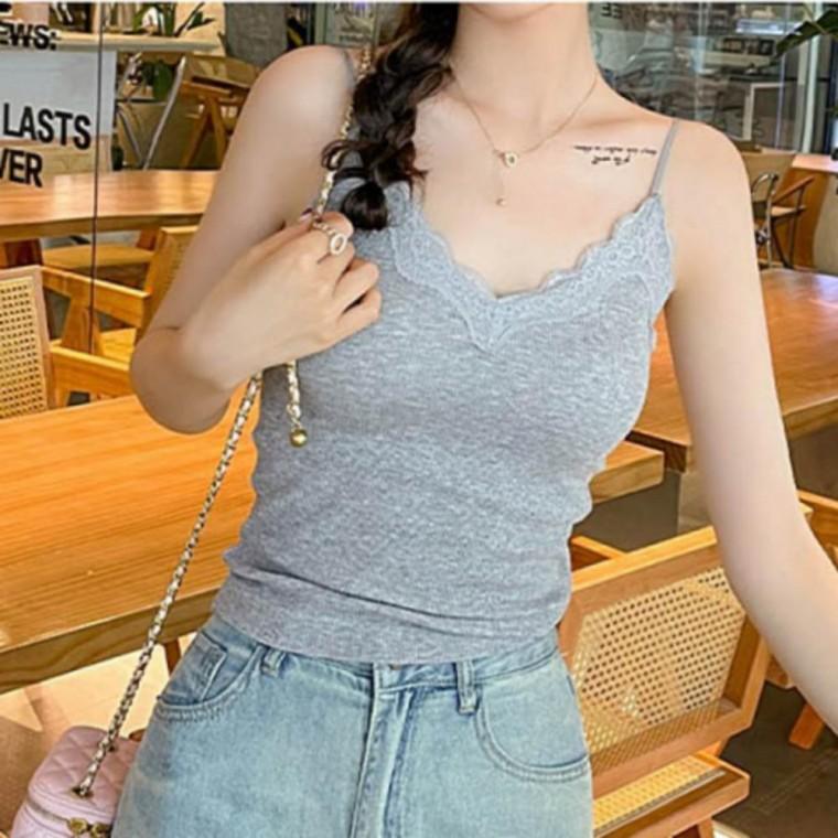 여성 레이스 브이넥 골지 슬림핏 이너 캡나시 브라탑 슬립나시