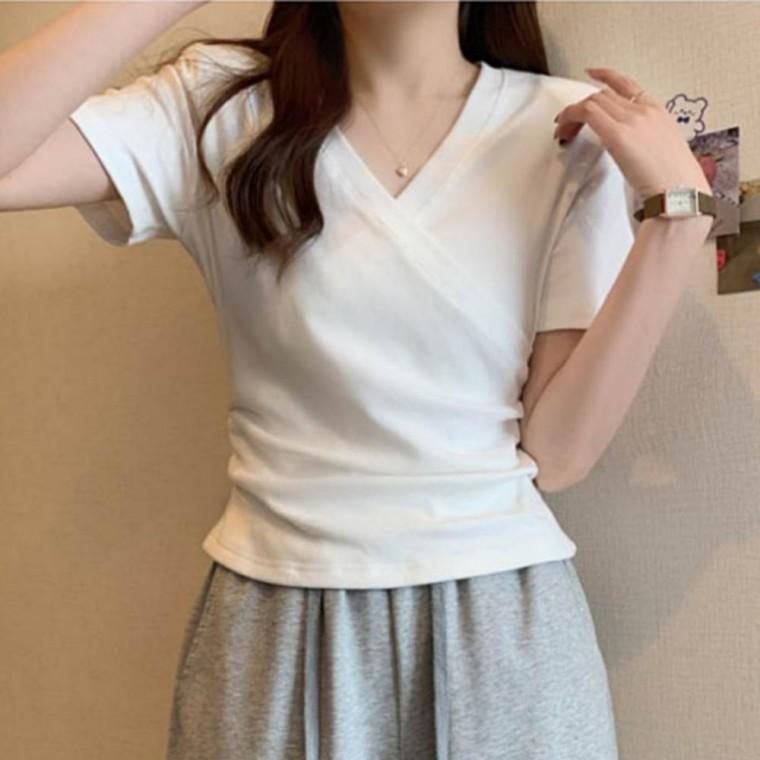 여성 여름 브이넥 랩티셔츠 반팔티 데일리룩 랩반팔티 셔링티