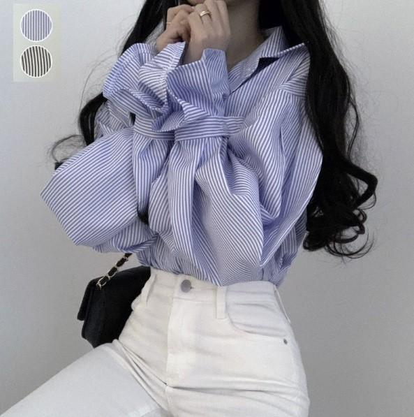 여성 루즈핏 스트라이프 벌룬소매 셔츠