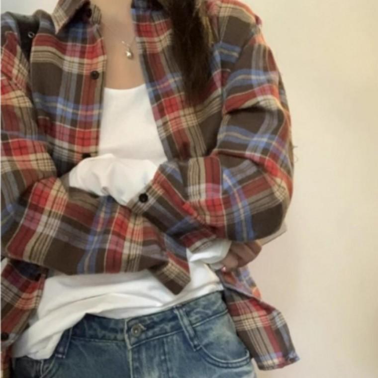 스트릿룩 봄 여름 오버핏 체크패턴 남방 셔츠 캐주얼 루즈핏 체크남방