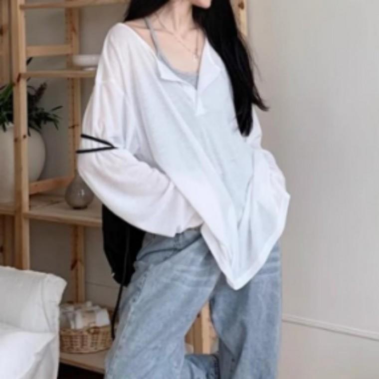 여리여리한 여유핏 실루엣 단추 긴팔티셔츠 2컬러 라운드넥 긴팔티