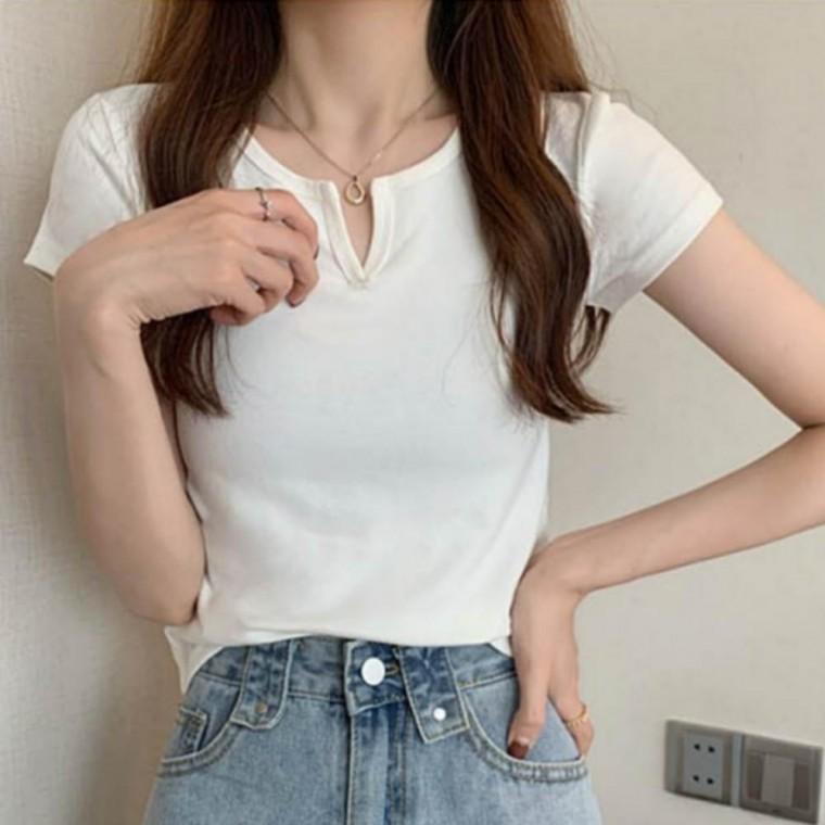 여성 브이트임 슬림핏 여름 반팔 티셔츠 데일리룩 브이넥 기본티
