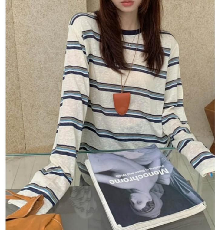 여성 소프트 단가라 긴팔 티셔츠 캐주얼룩 스트라이프 루즈핏티