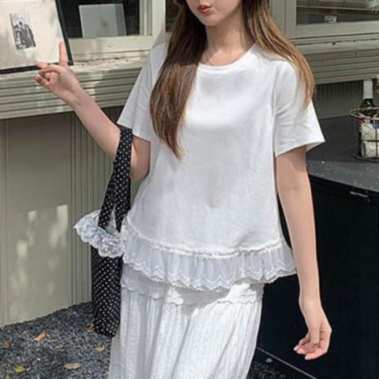 여성 물결레이스 여름 기본 반팔 티셔츠 데일리룩 프릴 티셔츠
