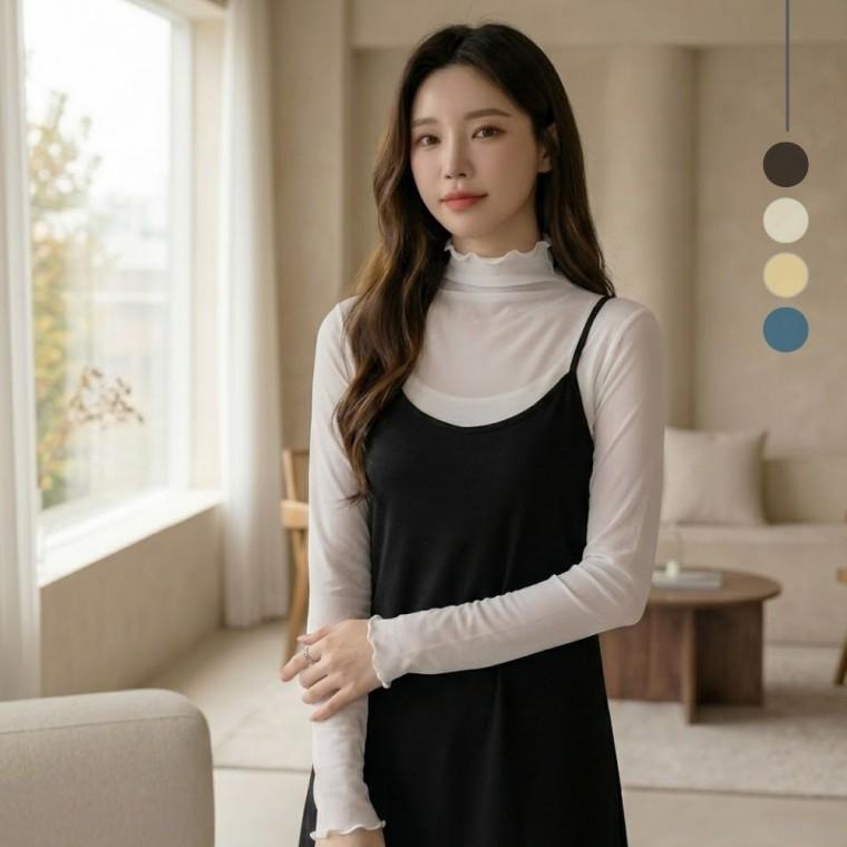 여성 셔링 시스루 레이스 반목 이너 레이어드 블라우스