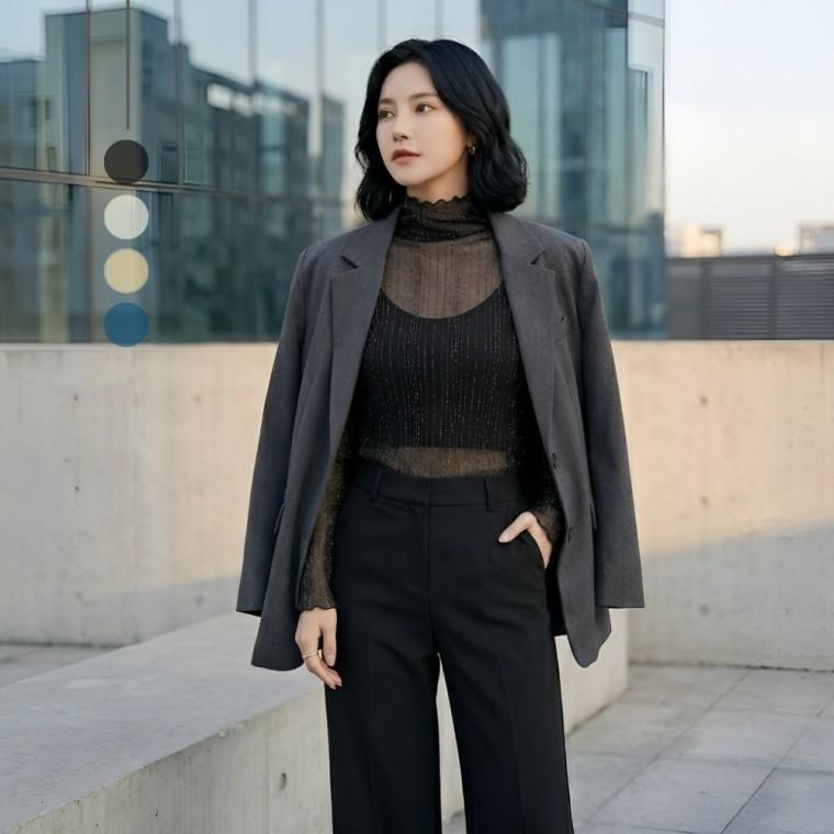 여성 시스루 레이스 블라우스 반목 이너 레이어드 자수 목티