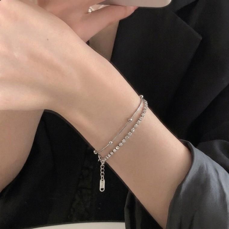써지컬스틸 더블 체인 레이어드 팔찌 실버 데일리 여성팔찌