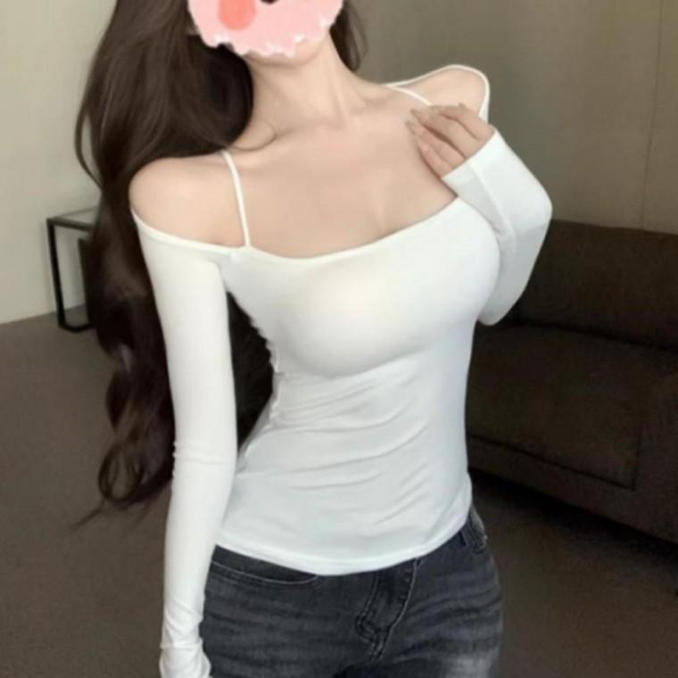 여리핏 오프숄더 슬림핏 탑 여성 글램 긴팔 티셔츠